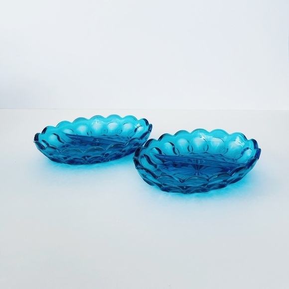 MCM Indiana Glass Blue Oval Divided Dish x 2 - Picture 2 of 14